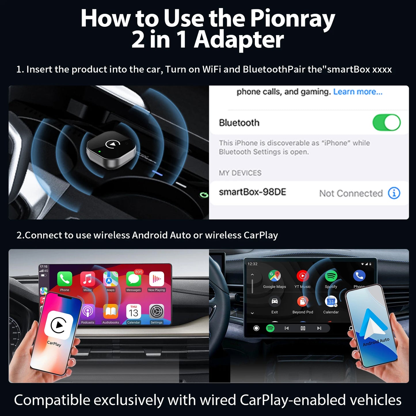2025 Wireless CarPlay & Android Auto Adapter - 2-in-1, 5GHz Wifi, Plug & Play (USB/USB-C)