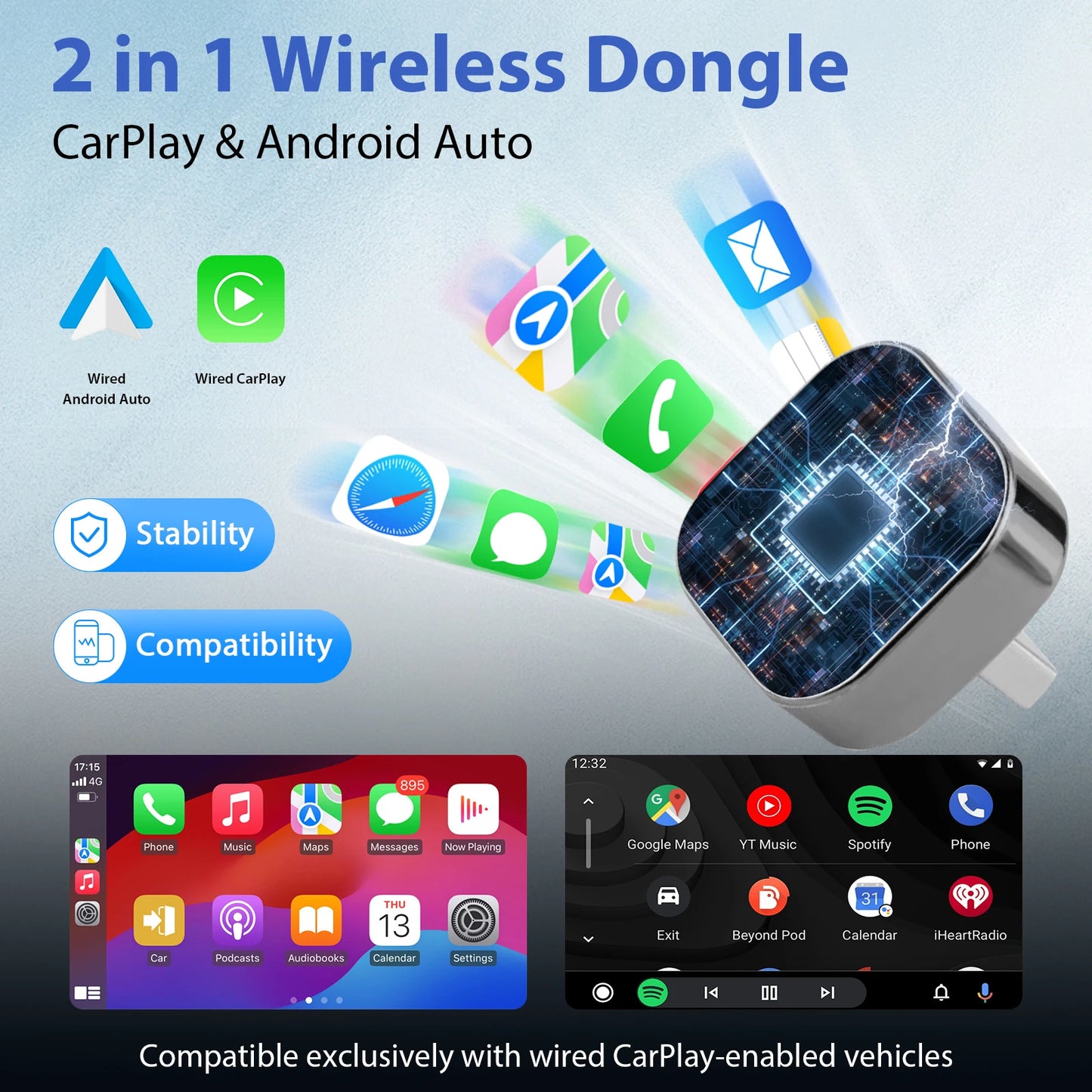 2025 Wireless CarPlay & Android Auto Adapter - 2-in-1, 5GHz Wifi, Plug & Play (USB/USB-C)