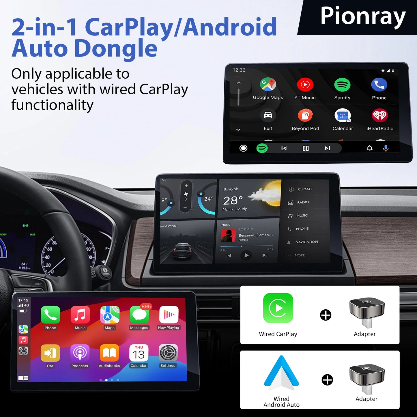 2025 Wireless CarPlay & Android Auto Adapter - 2-in-1, 5GHz Wifi, Plug & Play (USB/USB-C)